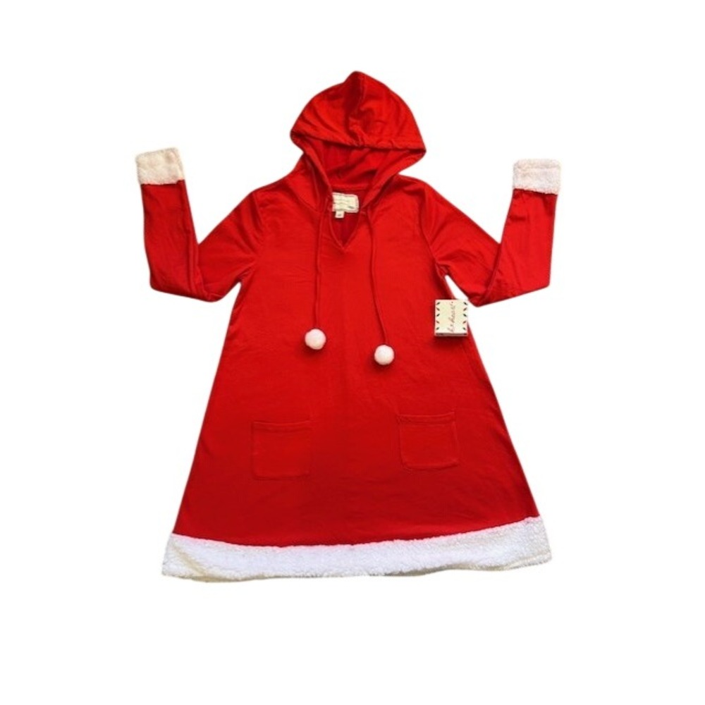 Derek Heart Red Santa Holiday Dress Hooded Faux Fur Trim Pom Poms Women's M